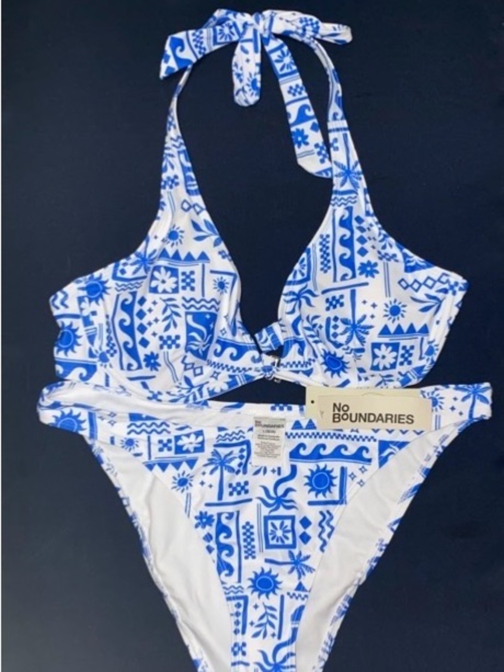 No Boundaries White and Blue Halter Bikini with Geometric Print